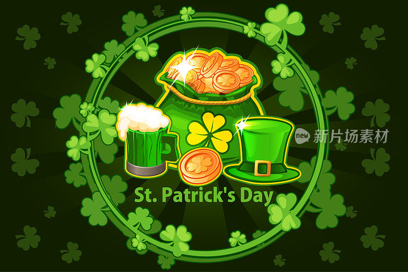 Cartoon hat, beer glass, coin and money bag. Vector round frame with shamrock leaves. Illustration For Happy St. Patrick Day. Greeting card, poster, banner. Objects on a separate layer